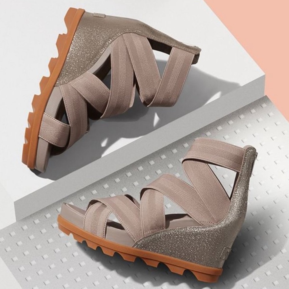 Sorel Joanie II Wedge Gladiator Sandals Strap Elastic Metallic Leather